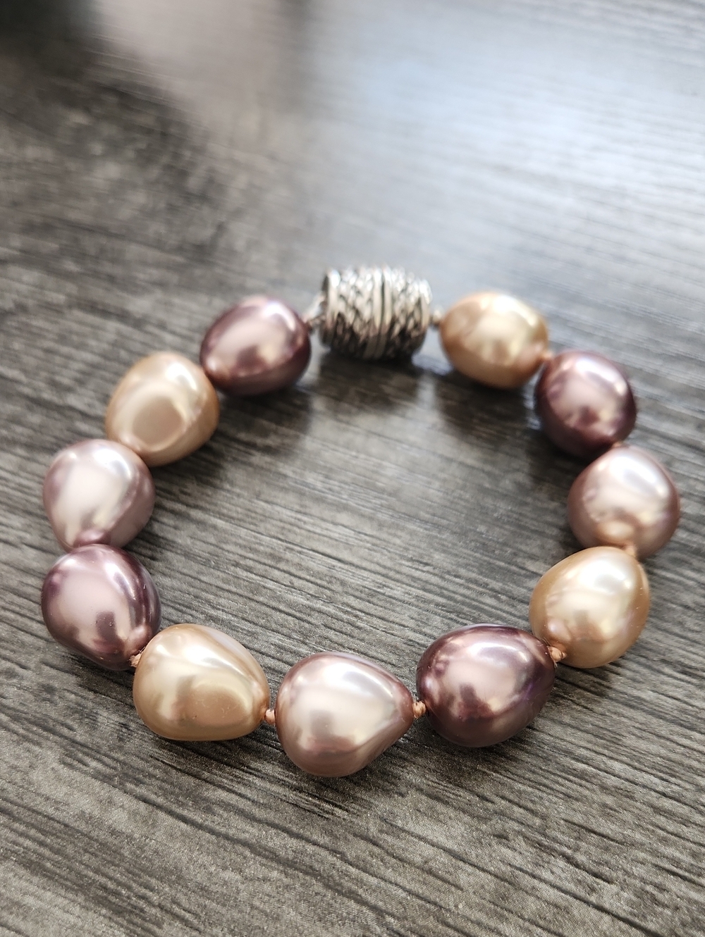 Lavender and Champagne Pearl Stretch Bracelet with Silver-Tone Accent